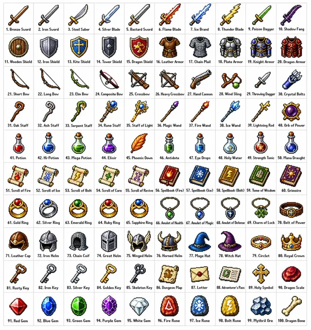 Пример результата: Сетка 100 ретро-пиксельных предметов для RPG