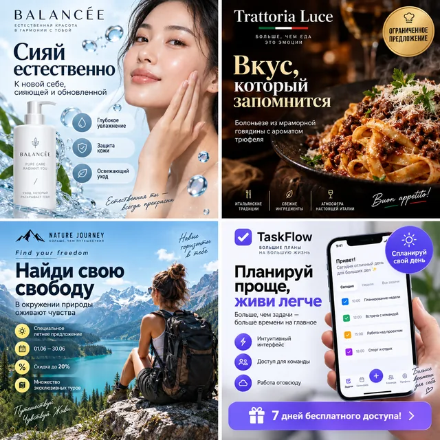 Пример результата: Сетка из 4 рекламных баннеров разных тематик (GPT Image 2)