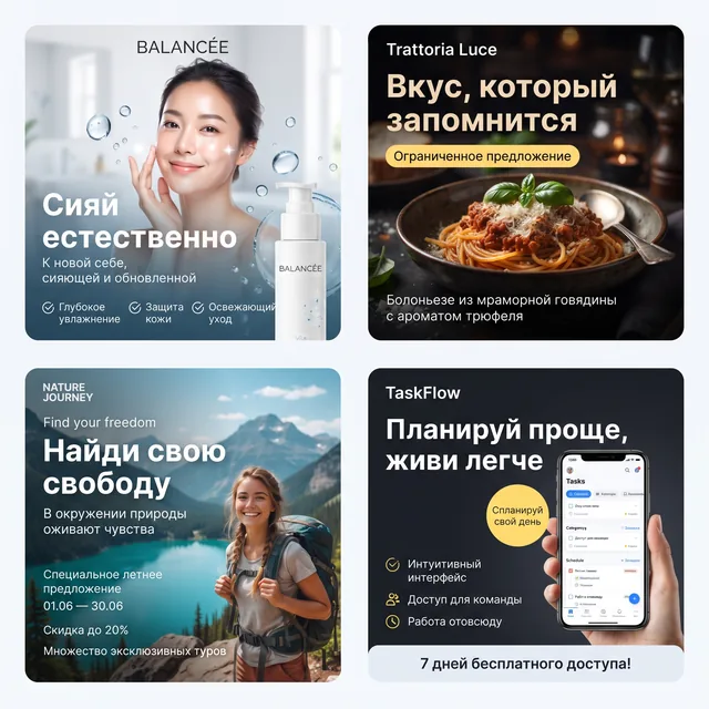 Пример результата: Сетка из 4 рекламных баннеров разных тематик (Nano Banana Pro)