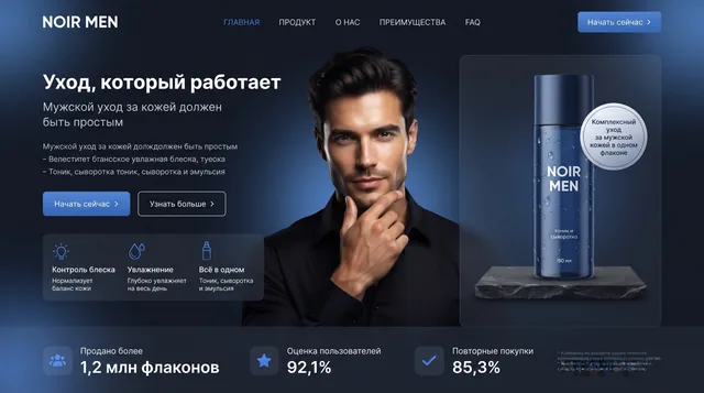 Пример результата: Макет лендинга для бренда мужской косметики (Nano Banana Pro)