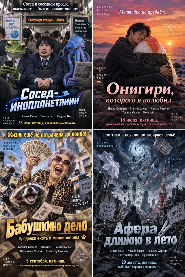 Пример результата: Сетка постеров из 4 жанров (GPT Image 2)
