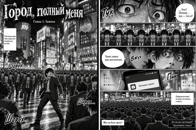 Пример результата: Разворот манги-триллера о городе клонов (GPT Image 2)