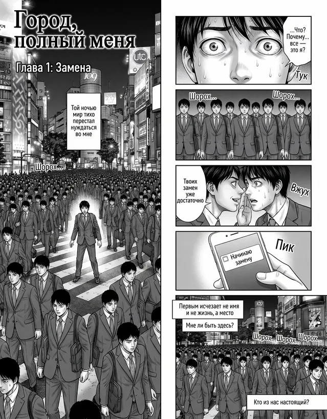 Пример результата: Разворот манги-триллера о городе клонов (Nano Banana Pro)