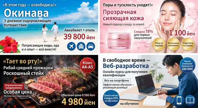 Пример результата: Сетка из 4 японских рекламных баннеров (Nano Banana Pro)