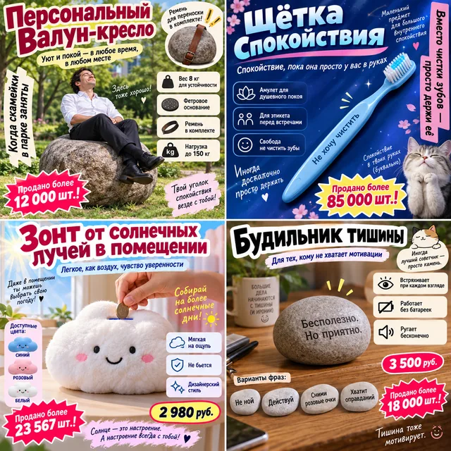 Пример результата: Сатирическая реклама бесполезных товаров 2х2 (GPT Image 2)
