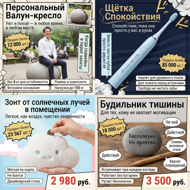 Пример результата: Сатирическая реклама бесполезных товаров 2х2 (Nano Banana Pro)