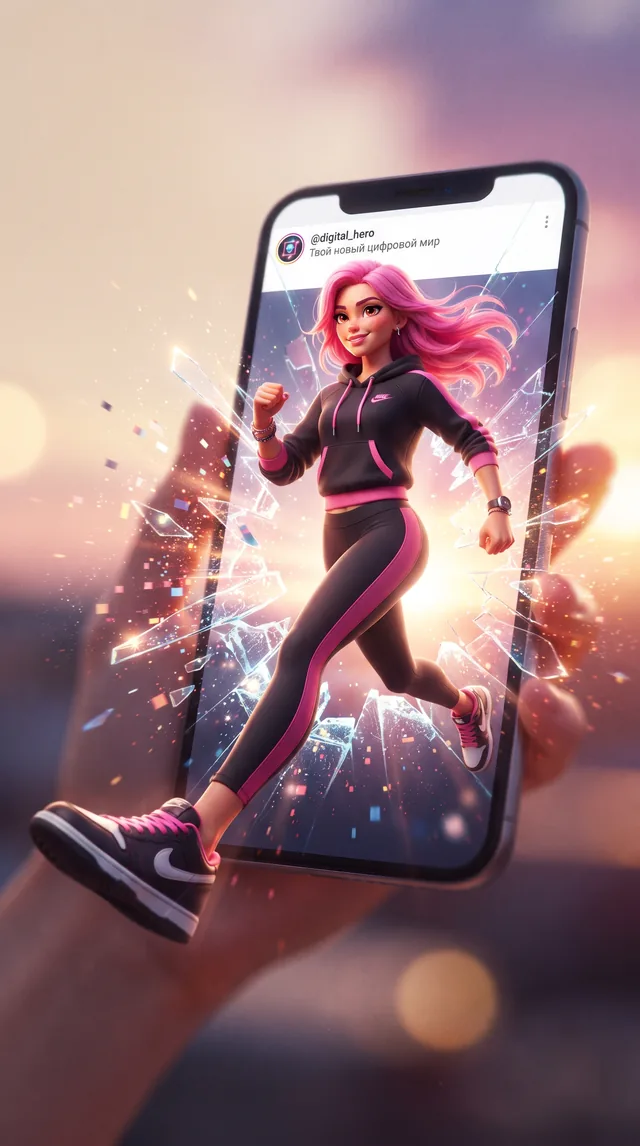 Пример результата: 3D-девушка, выходящая из экрана смартфона (Nano Banana Pro)