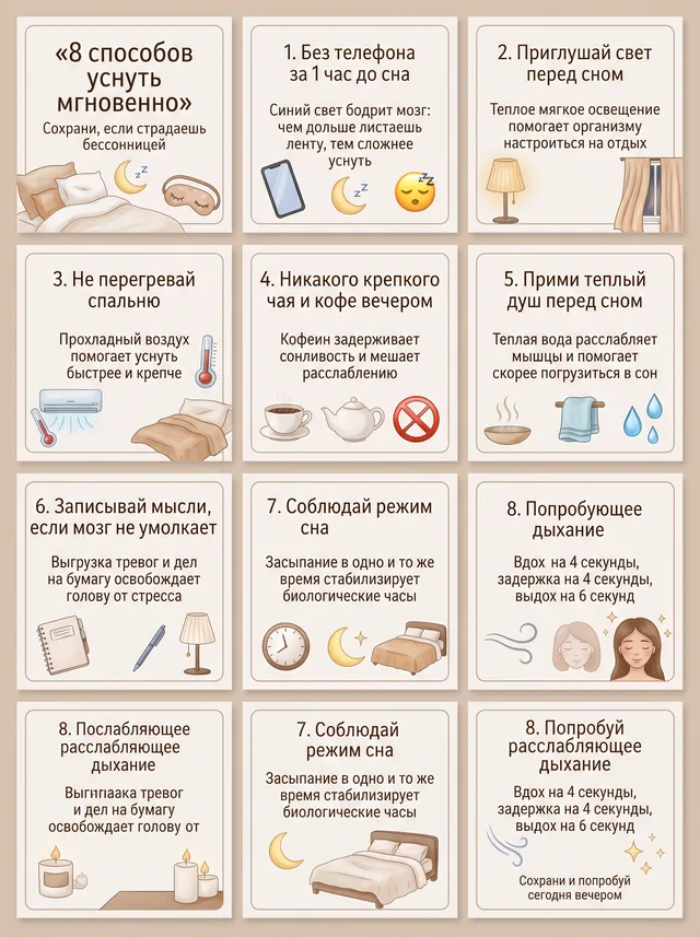 Пример результата: Постер-сетка из 9 карточек с советами для сна (Nano Banana Pro)