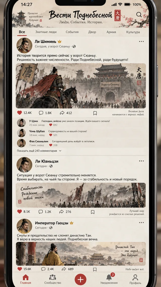 Пример результата: Лента соцсети: Переворот у ворот Сюаньу (GPT Image 2)