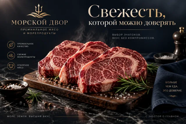 Пример результата: Герой-изображение премиального бренда мяса и морепродуктов (GPT Image 2)