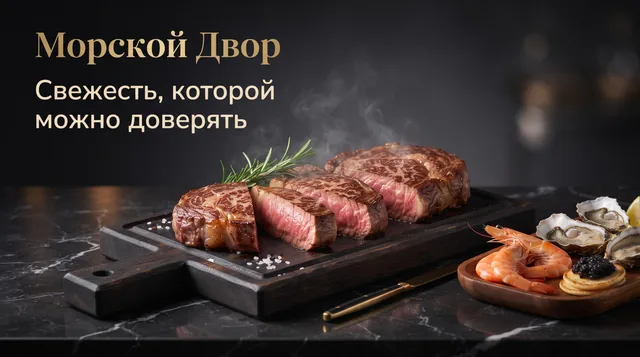 Пример результата: Герой-изображение премиального бренда мяса и морепродуктов (Nano Banana Pro)