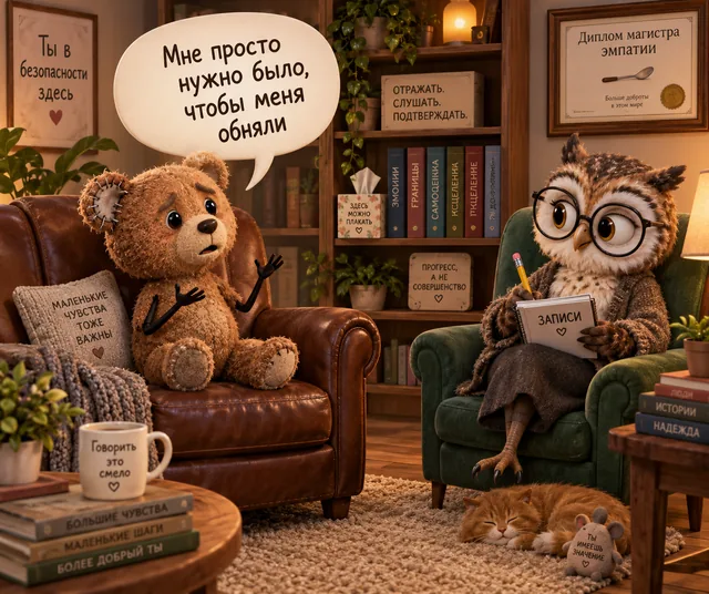 Пример результата: Юмористическая 3D-иллюстрация сеанса терапии (GPT Image 2)