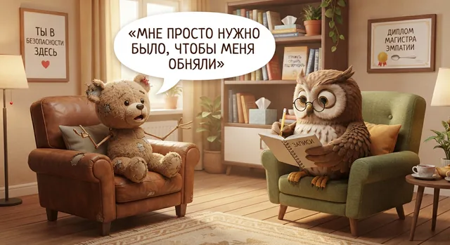 Пример результата: Юмористическая 3D-иллюстрация сеанса терапии (Nano Banana Pro)