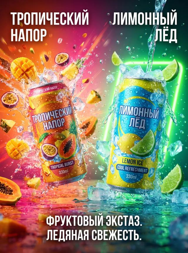 Пример результата: Неоновый постер с динамичными банками газировки (Nano Banana Pro)