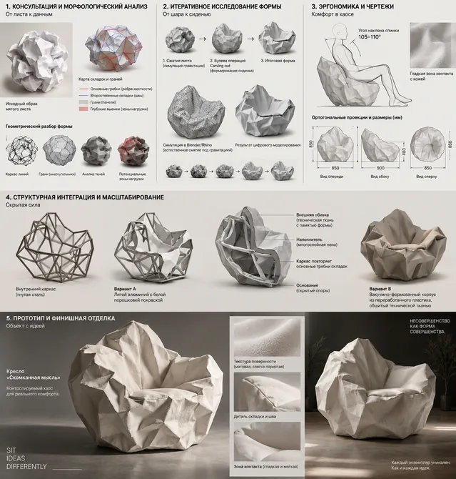 Пример результата: Кресло Crumple Chair: концепт-дизайн (GPT Image 2)