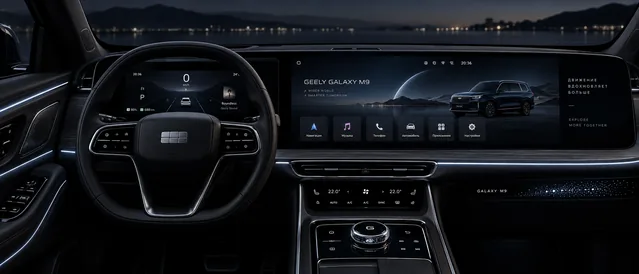 Пример результата: Тёмный интерфейс центрального управления Geely Galaxy M9 (GPT Image 2)