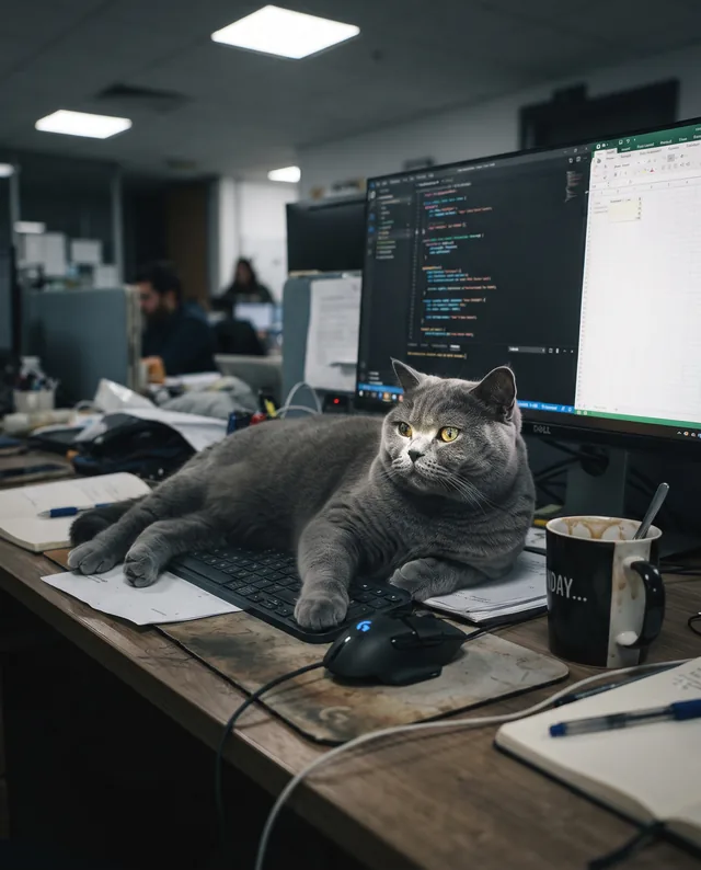Пример результата: Аутентичный снимок толстого кота за офисным компьютером (Nano Banana Pro)