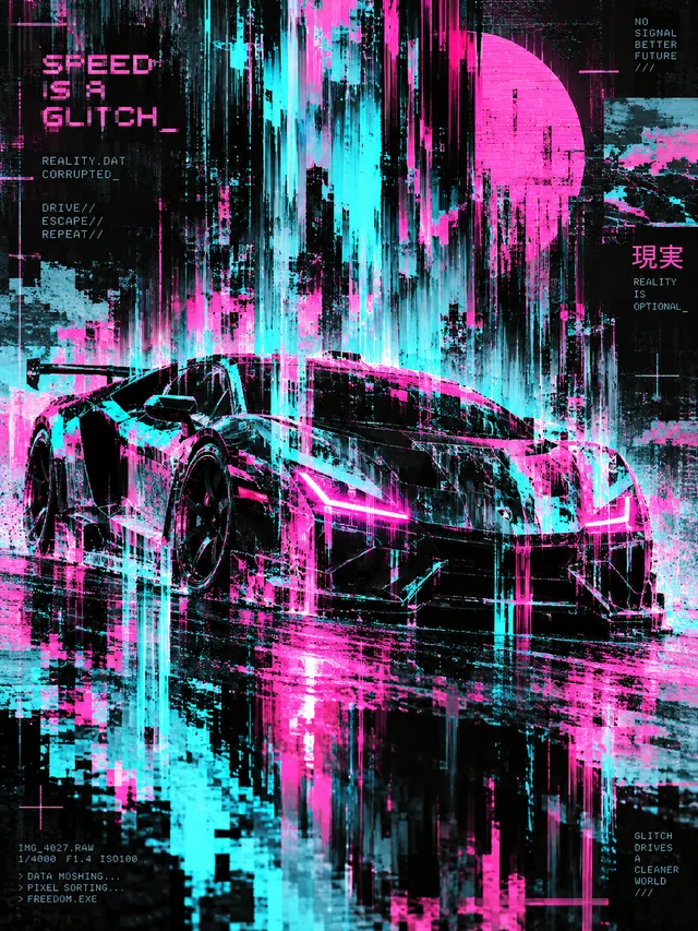 Пример результата: Глитч-арт иллюстрация спортивного автомобиля (GPT Image 2)