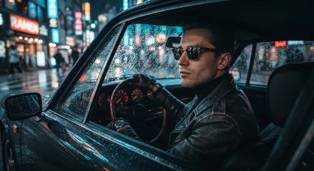 Пример результата: Портрет водителя в винтажном авто под дождём (Nano Banana Pro)