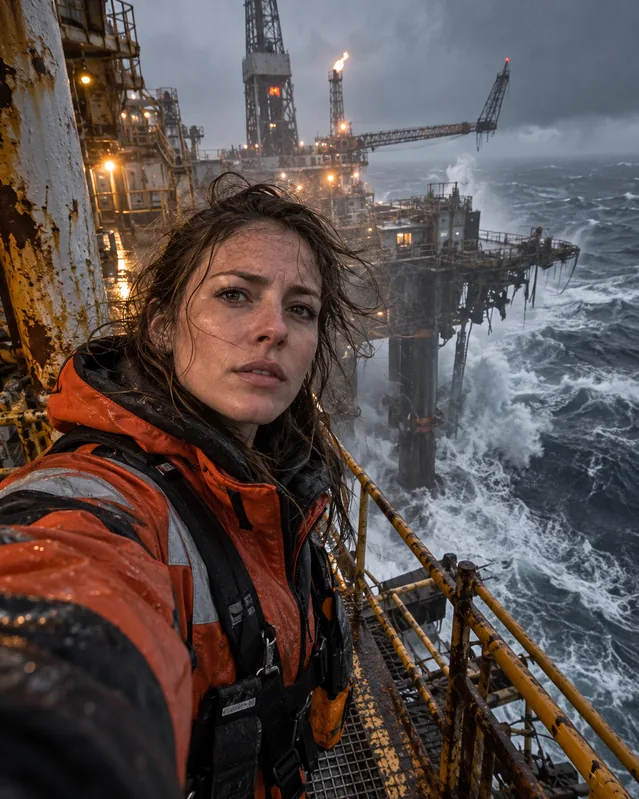 Пример результата: Фотореалистичное селфи на разрушенной нефтяной платформе в ш (GPT Image 2)