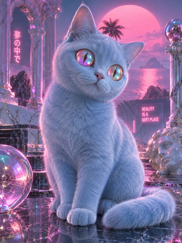 Пример результата: Глянцевый иридисцентный 3D-рендер кошки (GPT Image 2)