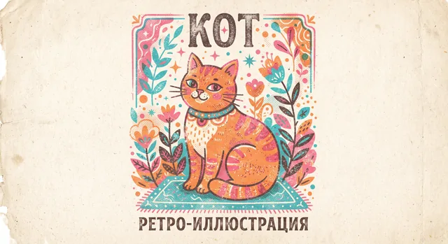 Пример результата: Зернистая ретро-иллюстрация кота (Nano Banana Pro)