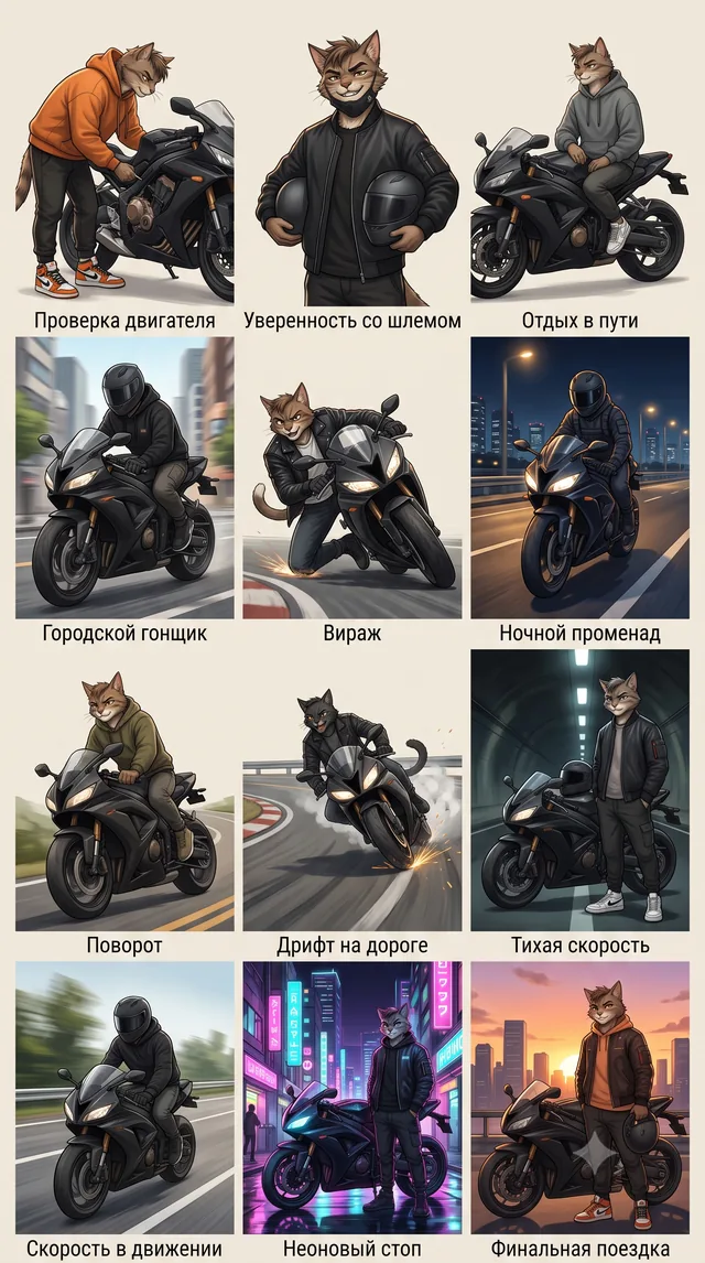 Пример результата: Аниме-персонаж с мотоциклом: лист поз