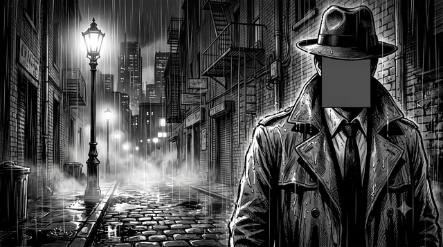 Пример результата: Нуар-иллюстрация детектива в дождливом переулке
