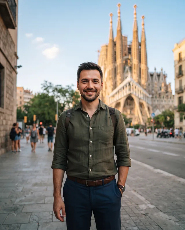 Пример результата: Создай travel-портрет у Саграды Фамилии (Nano Banana Pro)