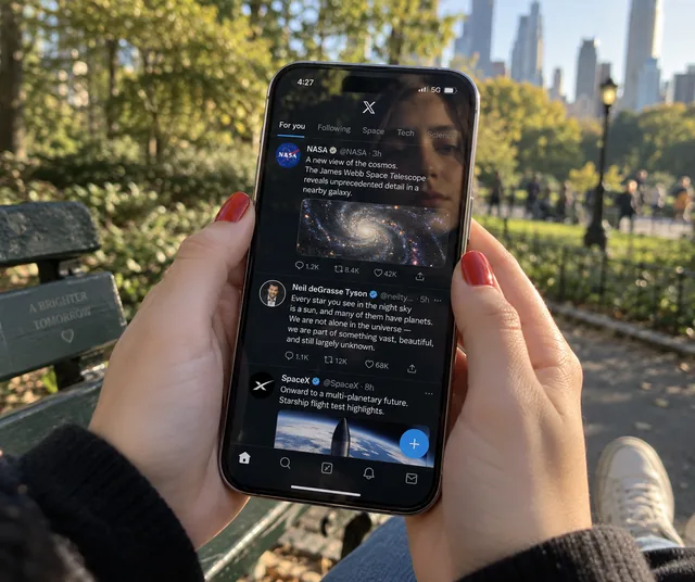 Пример результата: Смартфон с космическим Twitter в Центральном парке (GPT Image 2)