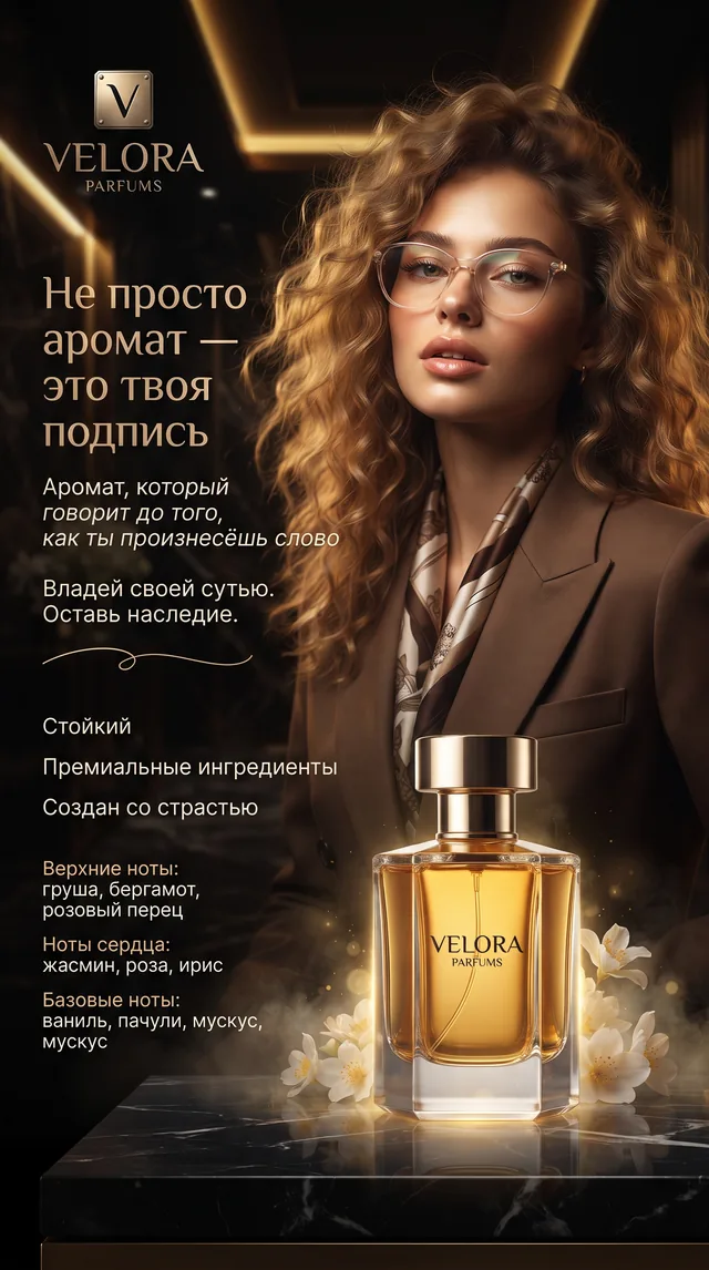 Пример результата: Рекламный постер люксового парфюма VELORA (Nano Banana Pro)