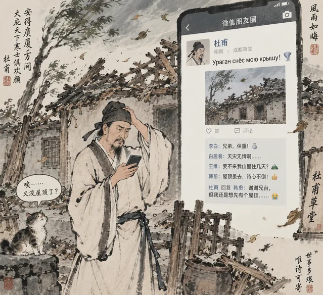 Пример результата: Ду Фу жалуется в WeChat на снесённую крышу (GPT Image 2)
