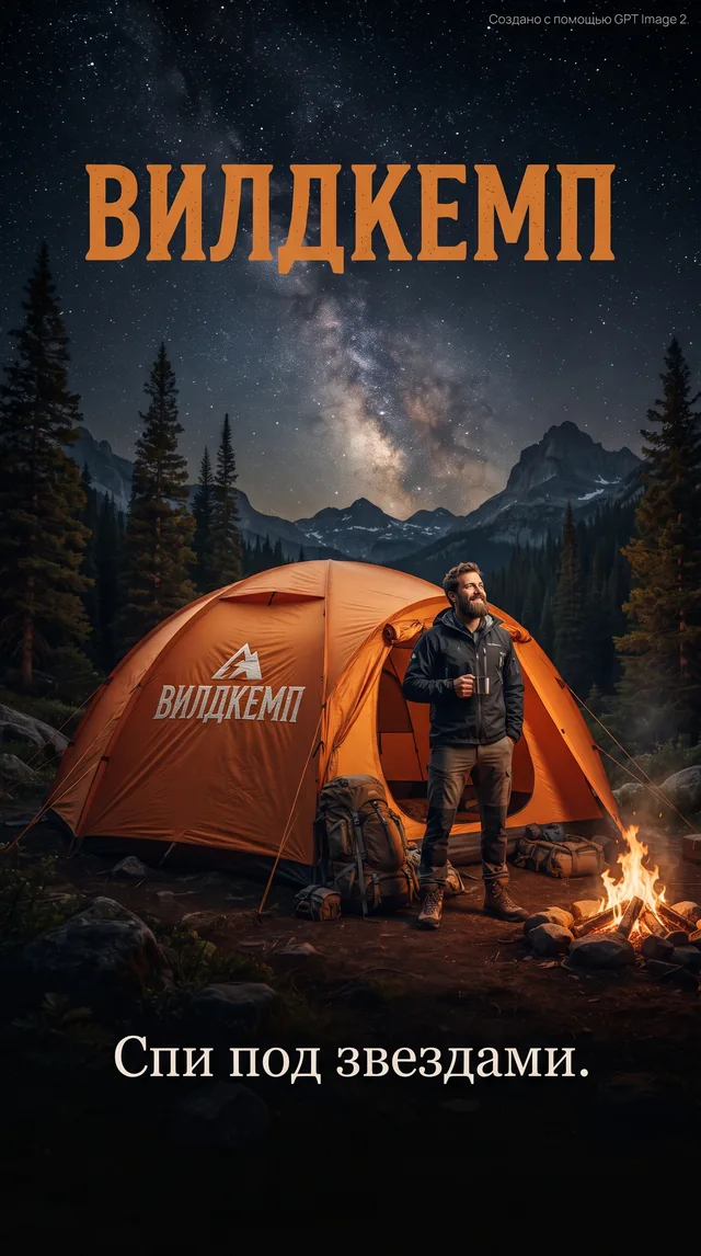 Пример результата: Рекламный постер для палаток WILDCAMP (Nano Banana Pro)
